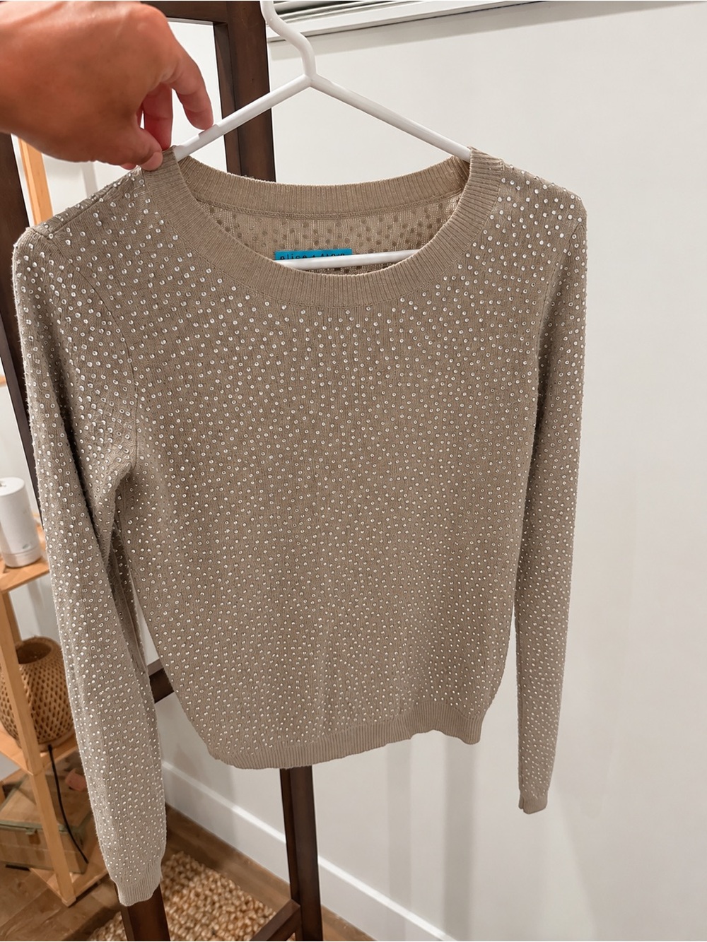 $500 Alice + Olivia Camel Jeweled Crewneck Sweater - Picture 3 of 5